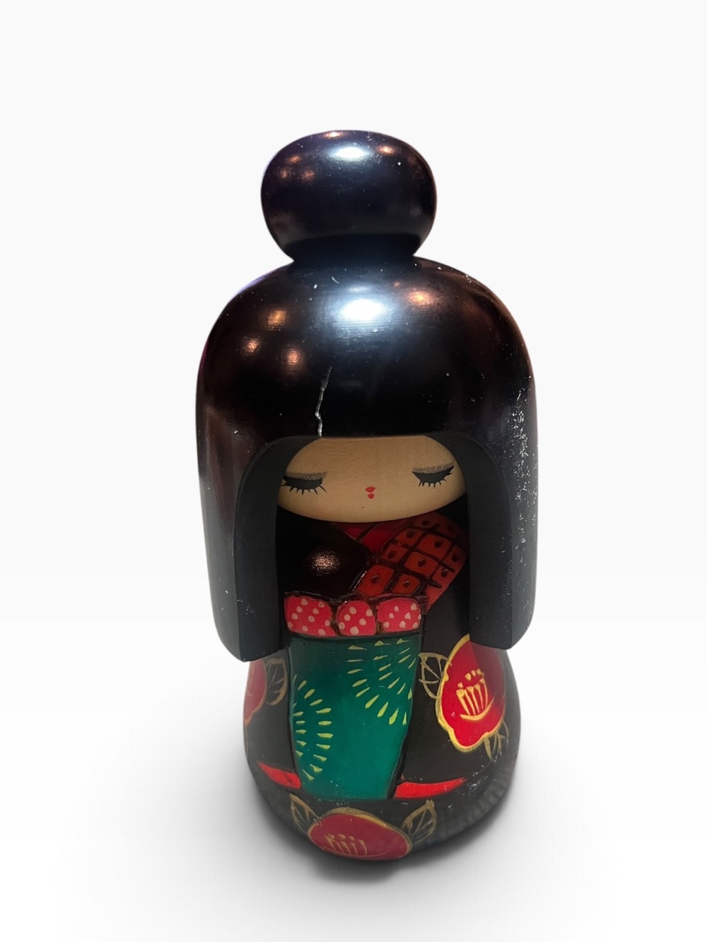 Vintage Hand-Painted Kokeshi Doll With Black Kimono and Flowers Design